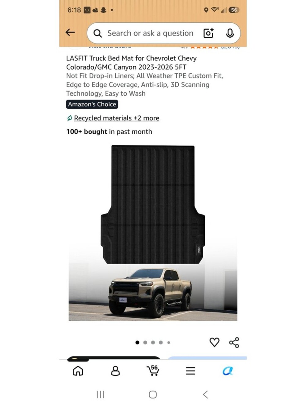 LASFIT Truck Bed Mat for Chevrolet Chevy Colorado/GMC Canyon 2023-2026 5FT